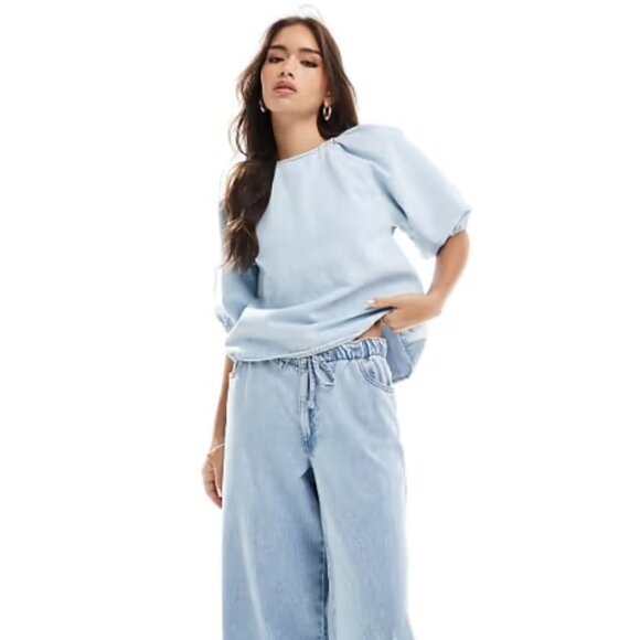 NWT ASOS DESIGN denim raglan puff sleeve top in bleach - Picture 1 of 4